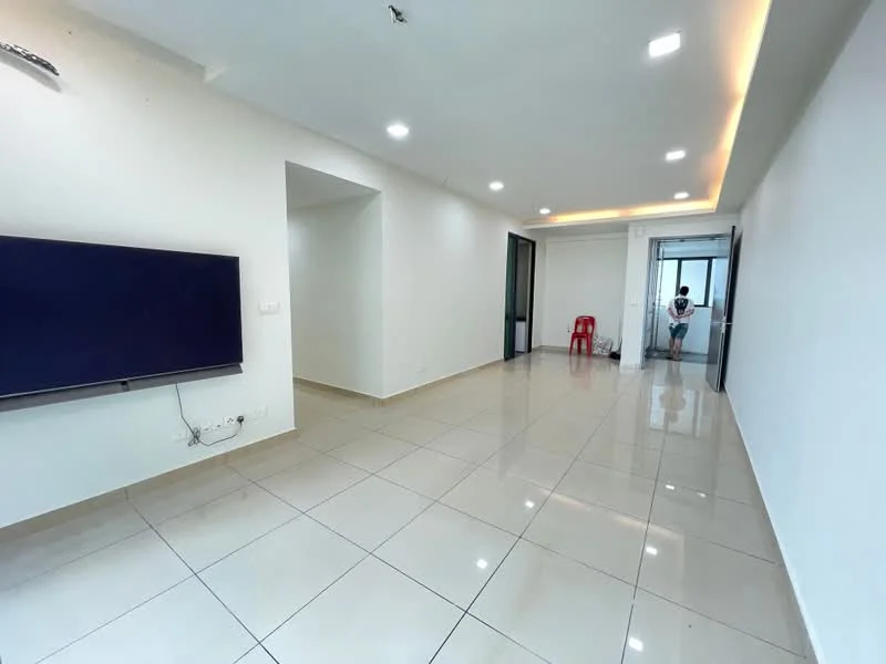 Room features: white painted walls, glossy ceramic tile flooring, recessed downlights, wall-mounted TV, sliding glass door, open layout, large windows, neutral color scheme; style: modern.
