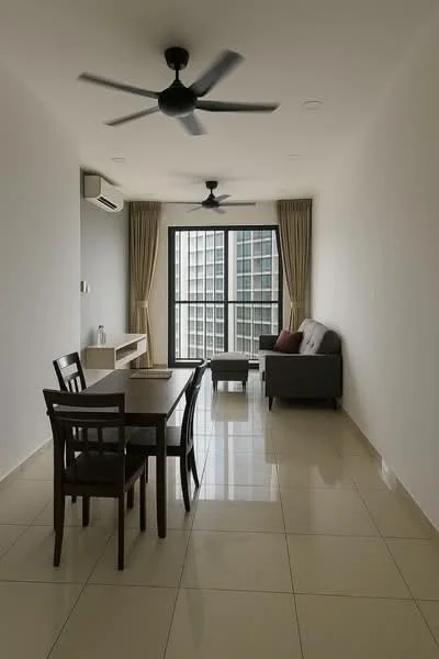 Living features: 2-blade ceiling fan, wall-mounted split AC, floor-to-ceiling windows, curtains, light-colored walls, glossy tile flooring, sofa in grey, dining table with 4 chairs, TV console, coffee table; style: modern; view: city.