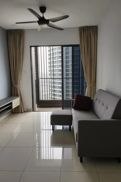 Living features: 5-blade ceiling fan with light, floor-to-ceiling windows, sliding glass door, beige curtains, grey fabric sofa, small ottoman, TV console, glossy tile flooring, neutral painted walls; style: modern; view: city.