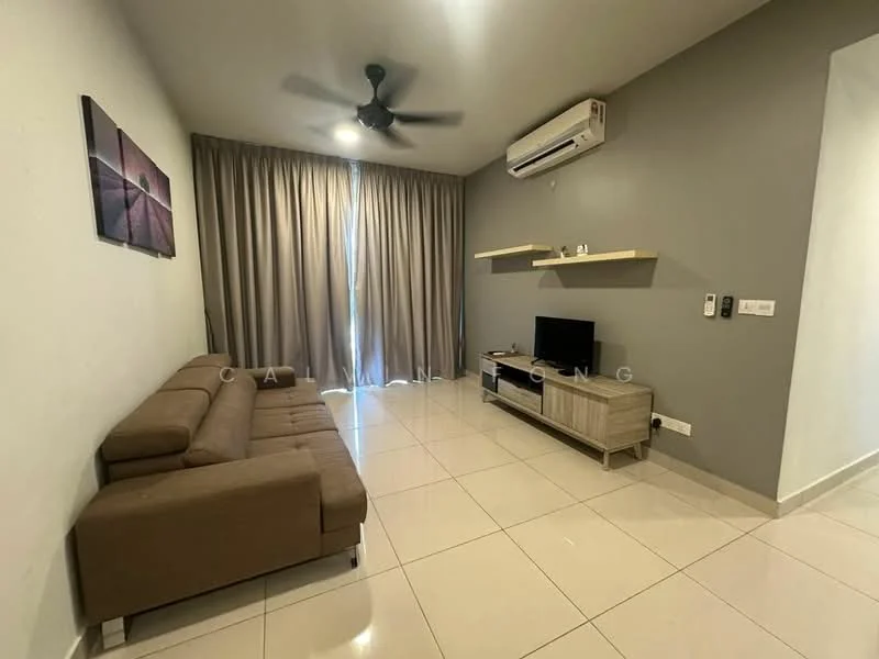 Living features: 3-seater fabric sofa in beige, wall-mounted TV, TV console in light wood, cream tiled flooring, grey painted walls, ceiling fan with light, curtains in light beige, air conditioning unit on wall, shelving unit on wall; style: modern.