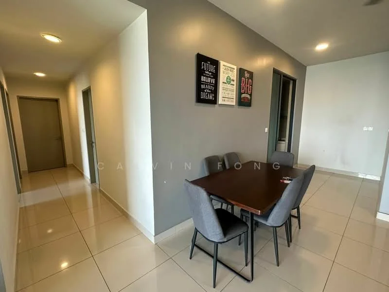 Dining features: dining table with six chairs, grey upholstered chairs, white walls, grey accent wall, recessed ceiling lights, tile flooring, floor-to-ceiling windows, open layout to hallway; style: modern. Hallway features: white walls, tile flooring, doorway to adjacent rooms, recessed ceiling lights; style: modern.