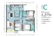 Floor plan: 3-bedroom 2-bathroom unit; features: open-plan kitchen-dining-living, master bedroom with ensuite bathroom, all bedrooms with windows, balcony off living room, utility room, laundry area, central foyer, 1 car porch, 1,275 sqft built-up.
