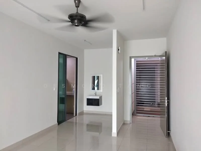 Room features: white painted walls, polished tile flooring, 5-blade ceiling fan, mirror above wall-mounted vanity, wall-mounted vanity with storage, glass door, interior door, natural light from glass door, neutral color scheme; style: modern.