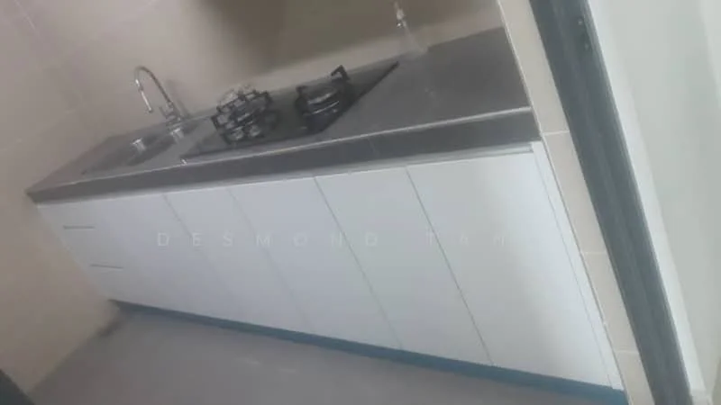 Kitchen features: single-bowl stainless-steel sink, chrome pull-down faucet, gas cooktop with 2 burners, grey countertop, white cabinetry with flat-panel doors, grey tiled backsplash, vinyl flooring, wall-mounted storage, under-cabinet lighting; style: modern.
