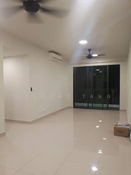 Living features: white painted walls, glossy ceramic tile flooring, 5-blade ceiling fan with light, wall-mounted split AC, floor-to-ceiling sliding glass door, blackout curtains, recessed downlights, neutral color scheme; style: modern.