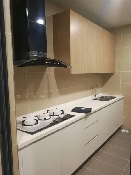 Kitchen features: white cabinetry with flat-panel doors, light wood upper cabinets, white quartz countertop, stainless-steel range hood, 3-burner gas hob, single-bowl stainless-steel sink, wall-mounted faucet, cream tiled backsplash, grey ceramic tile flooring, recessed lighting; style: modern.