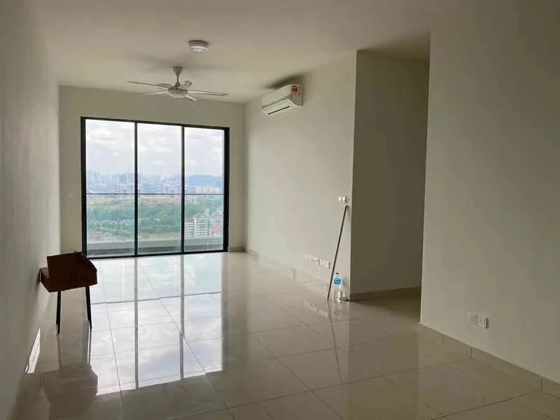 Living features: large floor-to-ceiling windows, city view, white painted walls, glossy ceramic tile flooring, 5-blade ceiling fan, wall-mounted split AC, small wooden table, neutral color scheme; style: modern; view: city.