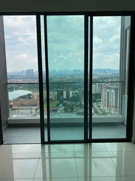 Room features: floor-to-ceiling sliding glass doors, city skyline view, grey tiled flooring, concrete wall, balcony space; style: modern; view: city.