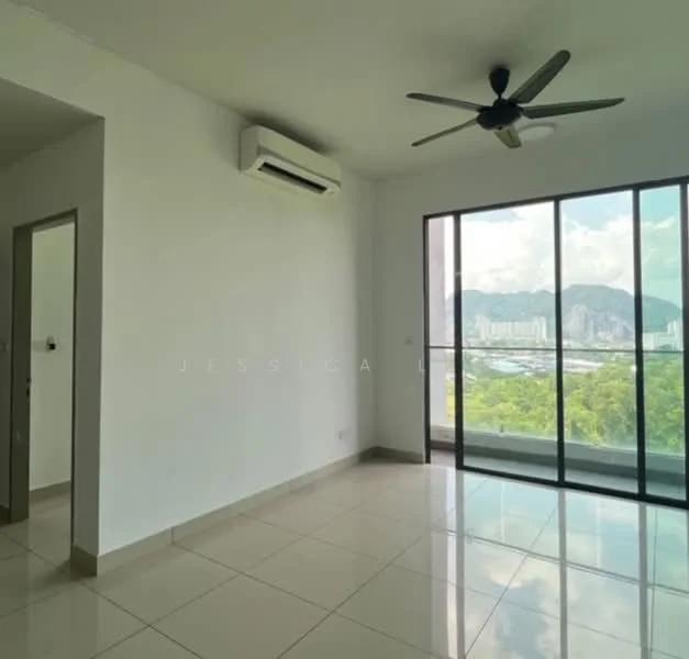 Room features: white painted walls, glossy tile flooring, 5-blade ceiling fan, wall-mounted split AC, floor-to-ceiling windows, mountain view, city skyline view; style: modern; view: city.