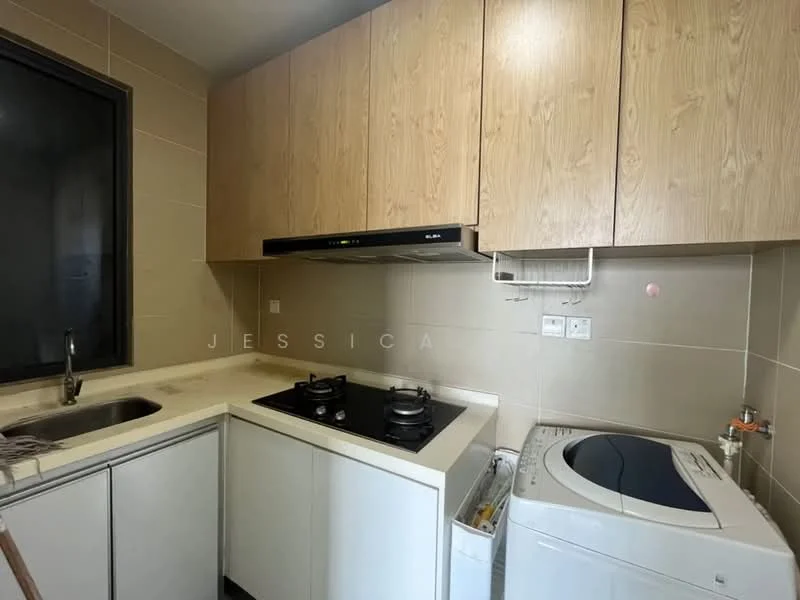 Kitchen features: single-bowl stainless-steel sink, chrome pull-down faucet, white laminate countertop, built-in gas hob with 2 burners, exhaust hood, wood cabinetry with light finish, white washing machine, cream tiled walls, grey tiled flooring, window with black frame; style: modern.