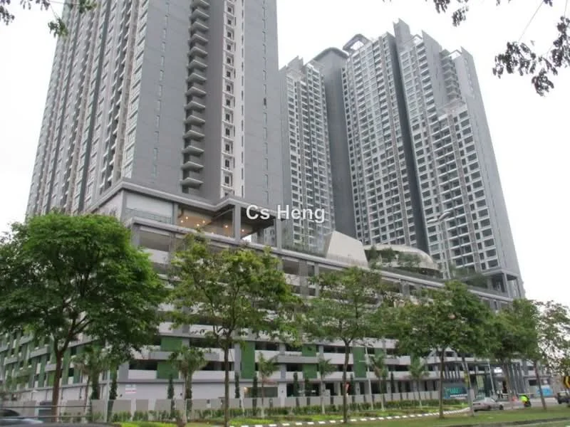 Exterior type: high-rise condominium; features: glass curtain wall, grey painted facade, multiple balconies, landscaped garden at base, parking deck, surrounded by trees, modern architectural design; style: modern.