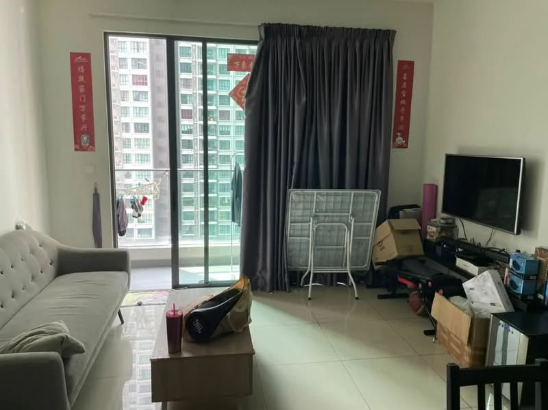 Living features: grey fabric sofa, coffee table, wall-mounted TV, TV console, floor-to-ceiling windows, sliding glass door, curtains, tile flooring, decorative wall art, storage boxes, laundry drying rack; style: modern; view: city.