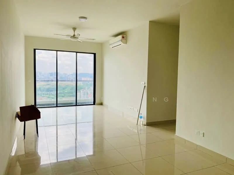 Living features: floor-to-ceiling windows, white painted walls, polished tile flooring, 5-blade ceiling fan, wall-mounted split AC, natural light from large window, minimalist decor, city skyline view; style: modern; view: city.