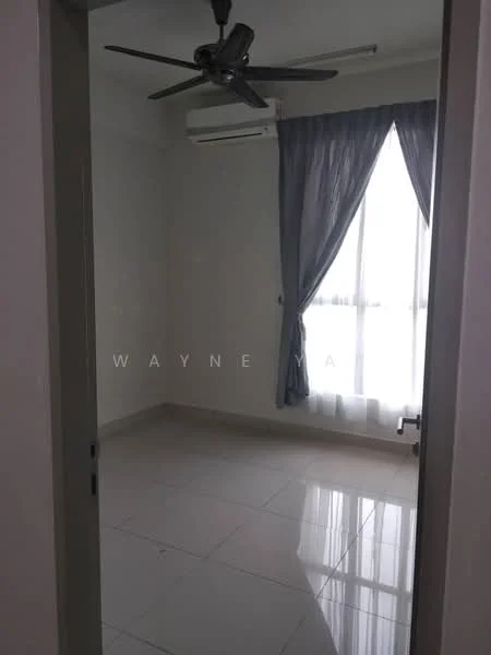 Room features: white painted walls, glossy ceramic tile flooring, 5-blade ceiling fan, wall-mounted split AC, floor-to-ceiling window, sheer curtains, grey curtain, natural light; style: modern.