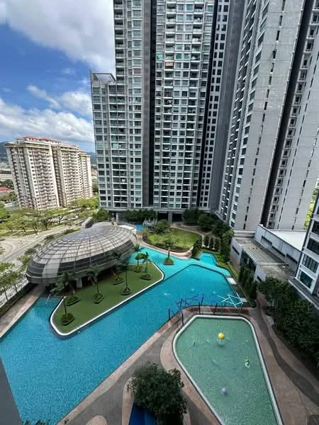 Exterior type: high-rise condominium; features: infinity pool, lap pool, pool deck with loungers, landscaped garden, manicured lawn, children's playground, surrounded by mature greenery, glass curtain wall facade, multiple high-rise buildings, water features, outdoor seating areas; style: modern.