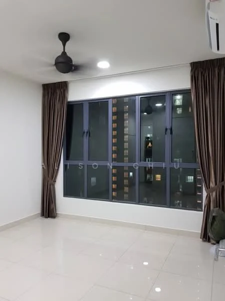 Room features: white painted walls, glossy tile flooring, 5-blade ceiling fan with light, floor-to-ceiling windows, sheer curtains, blackout curtains, city view, air conditioning unit; style: modern; view: city.