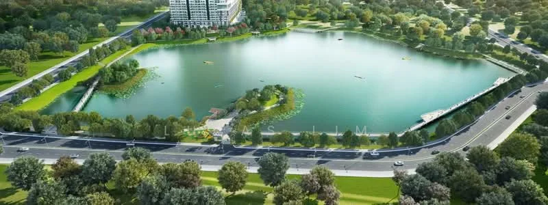 Exterior type: high-rise condominium; features: manicured lawn, mature trees, landscaped garden, lake with clear water, walking path around the lake, surrounding greenery, road adjacent to the property, residential buildings in the background; style: modern.