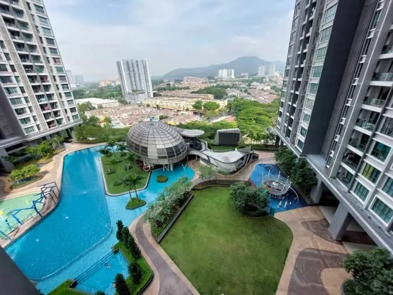 Exterior type: high-rise condominium; features: infinity pool, landscape garden, children's playground, pool deck with loungers, manicured lawn, modern architectural design, surrounded by greenery, view of nearby buildings, mountain view in background; style: modern.