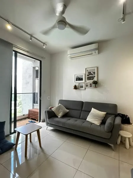 Living features: grey fabric sofa, wooden coffee table, 5-blade ceiling fan with light, wall-mounted split AC, white painted walls, glossy tile flooring, floor-to-ceiling sliding glass door, curtains, decorative wall frames, area rug; style: modern; view: city.