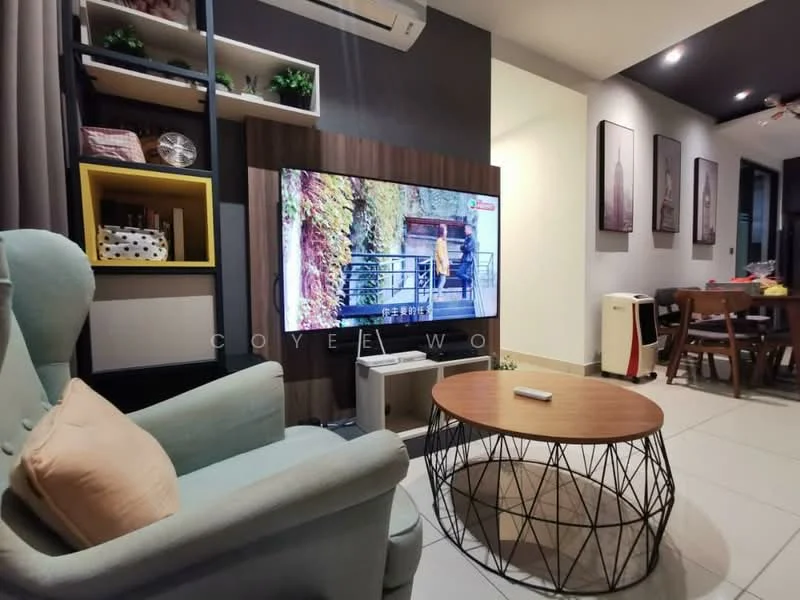 Living features: light grey fabric armchair, round wooden coffee table, black wireframe base coffee table, large flat-screen TV, wooden TV console, decorative wall shelves, framed artwork on walls, recessed ceiling lights, air conditioning unit, dining area visible in background, tile flooring; style: modern.