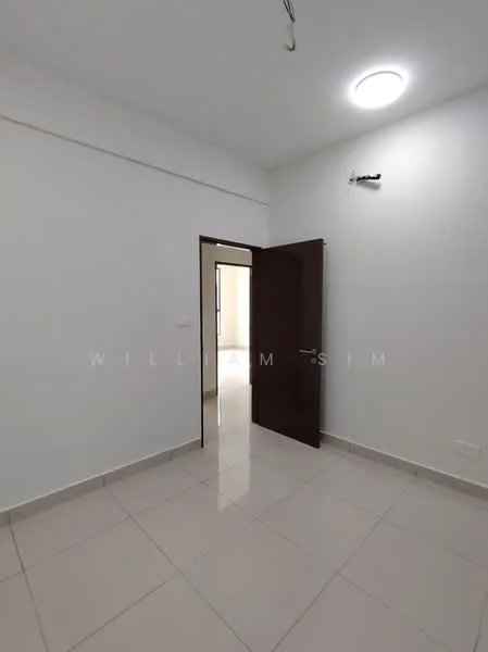 Room features: white painted walls, tile flooring, single door, ceiling light, neutral color scheme, window with natural light, corner room, no visible furniture; style: modern.