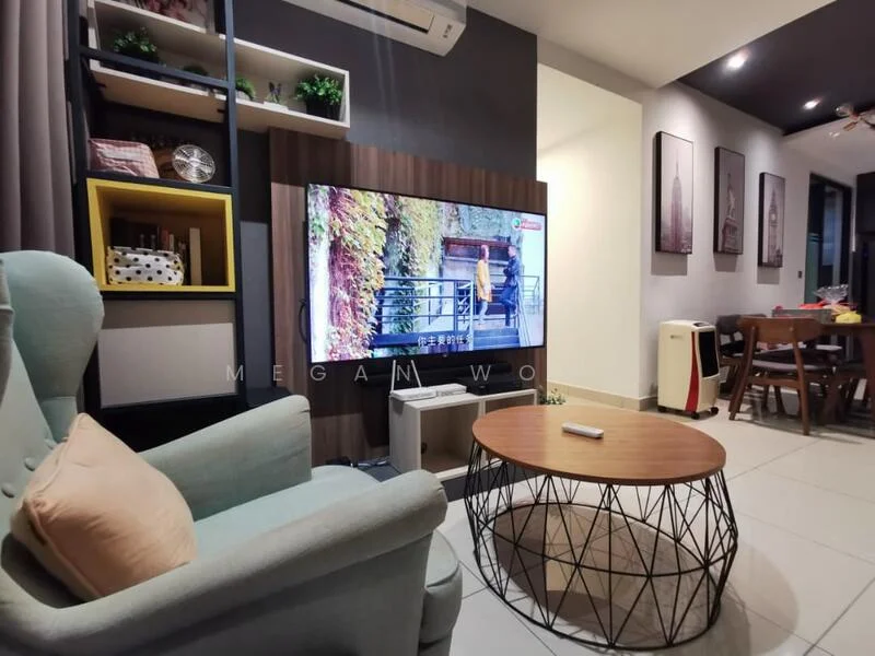 Living features: light grey fabric armchair, round wooden coffee table, black wireframe base coffee table, wall-mounted flat-screen TV, wooden TV console, decorative shelving unit with open and closed storage, dark wood dining table, 4 dining chairs, air conditioning unit, cream painted walls, tile flooring, wall art with cityscape, curtains, ceiling fan with light; style: modern.