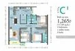 Floor plan: 3-bedroom 2-bathroom unit; features: open-plan kitchen-dining-living, master bedroom with ensuite bathroom, balcony off living room, utility room, laundry area, central foyer, 2 car porch, 1,265 sqft built-up.