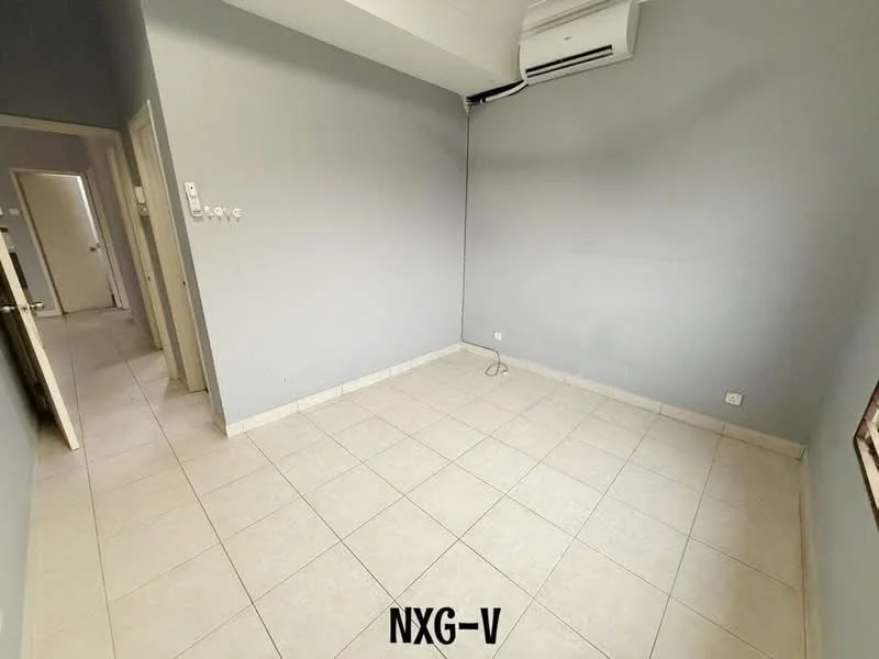 Room features: light grey painted walls, white tiled flooring, 1 wall-mounted split AC, window with no visible treatment, doorway leading to another room, doorway leading to hallway, ceiling with no visible features.