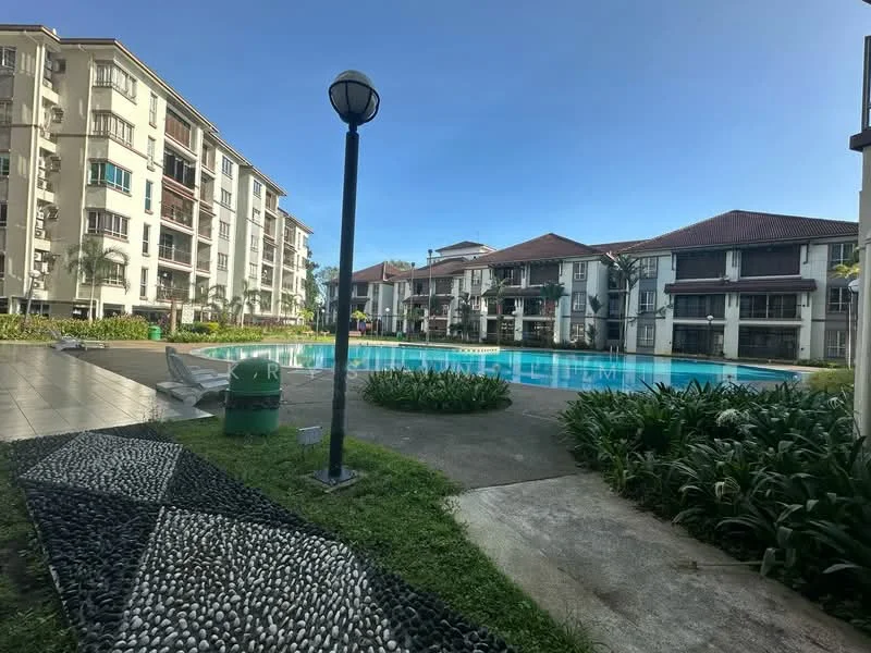 Exterior type: low-rise apartment block; features: swimming pool, pool deck with loungers, landscaped garden, manicured lawn, paved walkway, outdoor lighting, surrounded by greenery, multiple residential buildings, balconies on upper floors, gated entry; style: modern.
