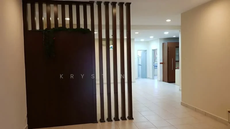 Room features: tile flooring, white painted walls, wooden partition with vertical slats, recessed downlights, doorway leading to another room, decorative greenery on partition, open layout, neutral color scheme; style: modern.