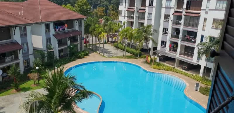 Exterior type: low-rise apartment block; features: swimming pool, landscaped garden, manicured lawn, palm trees, balconies on upper floors, outdoor lighting, pathway, surrounding greenery; style: modern.