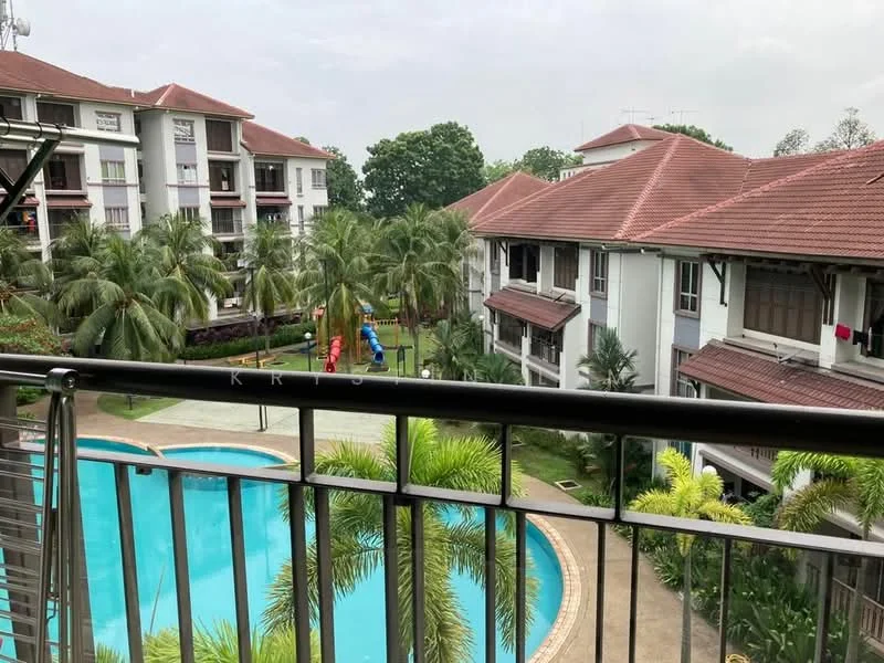 Room features: balcony with railing, view of swimming pool, view of landscaped garden, surrounding palm trees, adjacent buildings, outdoor play area, cloudy sky, greenery in the background; view: pool.
