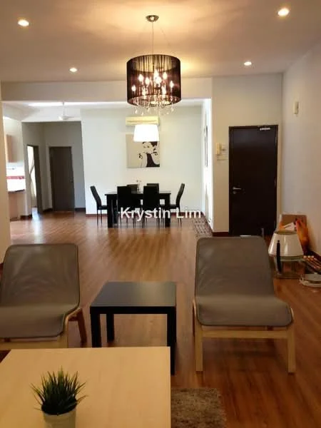 Living features: laminate wood flooring, white painted walls, chandelier light fixture, 5-blade ceiling fan, sofa chairs in grey, coffee table, dining table with 6 chairs, artwork on wall, open layout, natural light from windows; style: modern.