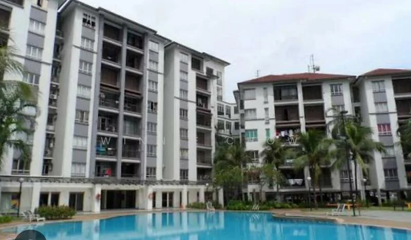 Exterior type: mid-rise condominium; features: swimming pool, surrounding palm trees, multiple balconies, white painted facade, flat roof, manicured landscaping, pool deck with loungers; style: modern.