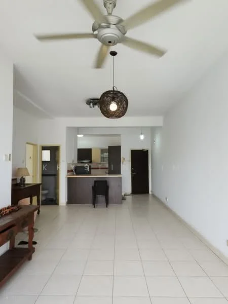 Living features: white painted walls, ceramic tile flooring, 5-blade ceiling fan with light, pendant lamp, open kitchen layout, kitchen island, dining table, wooden side table; style: modern. Kitchen features: wood cabinetry, stainless-steel appliances, open shelving, countertop with bar seating; style: modern.