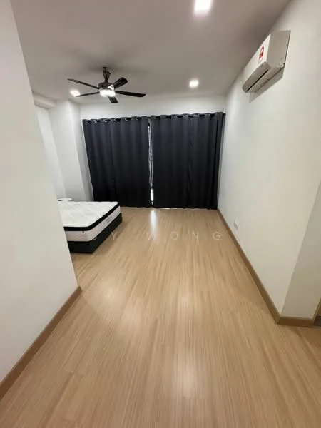 Room features: light wood laminate flooring, white painted walls, blackout curtains, ceiling fan, wall-mounted split AC, queen-size bed, bed frame, recessed ceiling lights; style: modern.
