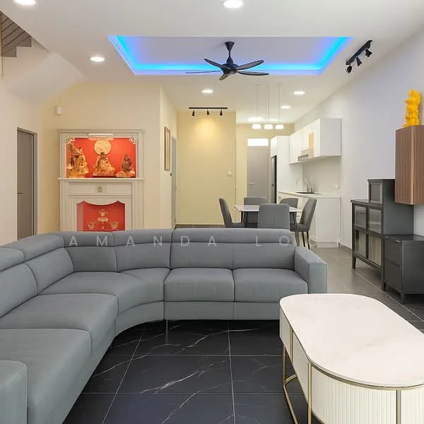 Living features: L-shape sectional sofa in grey, coffee table with gold accents, recessed LED downlights, 5-blade ceiling fan with integrated LED light, black tile flooring, decorative wall with red accents, wall-mounted TV console, open layout to kitchen, decorative figurines on display, crown moulding, blue LED accent lighting on ceiling; style: modern.