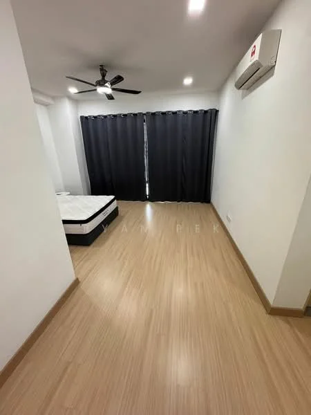 Bedroom features: laminate flooring, white painted walls, ceiling fan, wall-mounted split AC, blackout curtains, queen-size bed, bedside table, window with view; style: modern.