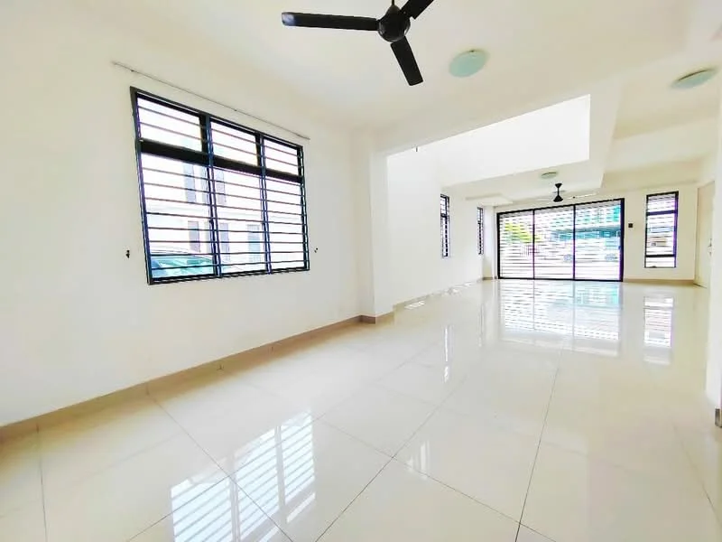 Room features: white painted walls, glossy ceramic tile flooring, ceiling fan, large windows with black metal grilles, natural light from multiple angles, open layout, high ceiling, neutral color scheme; style: modern.