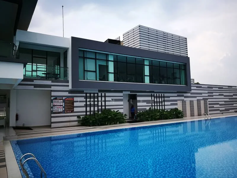Exterior type: clubhouse; features: swimming pool, infinity edge pool, glass curtain wall, grey painted facade, horizontal striped wall design, manicured landscaping, outdoor seating area, balconies with glass railings, roof with horizontal slats, pool deck with loungers; style: modern.