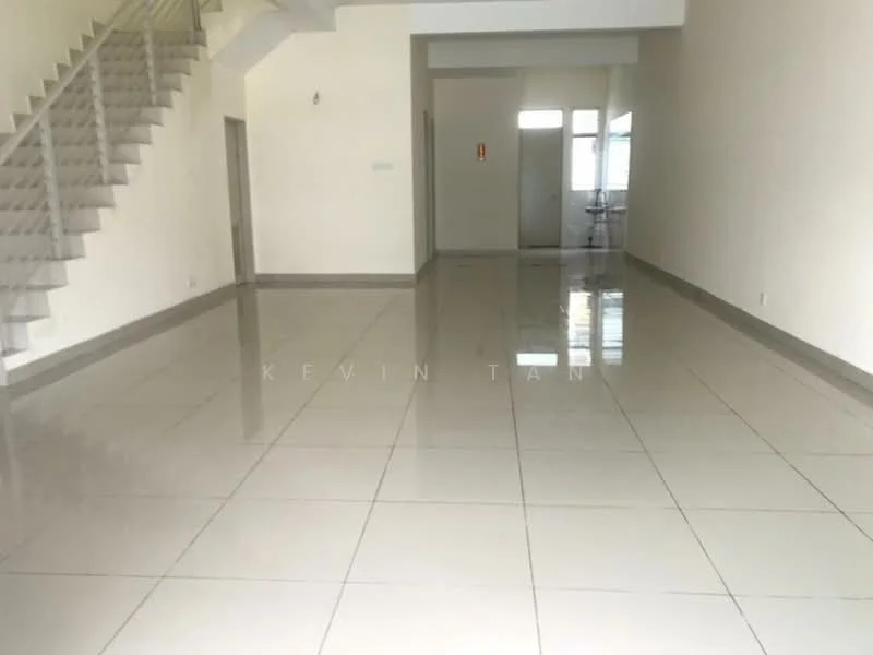Room features: white painted walls, glossy ceramic tile flooring, staircase with metal railing, large windows allowing natural light, neutral color scheme, open layout, high ceiling, no visible furniture or decor; style: modern.