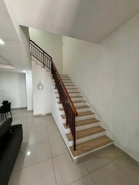 Room features: staircase with wooden handrail, white painted walls, light-colored tiled flooring, open space, clock on wall, recessed ceiling lights, neutral color scheme; style: modern.
