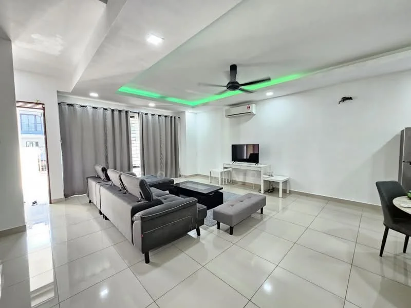 Living features: grey fabric 3-seater sofa, black coffee table, white TV console, wall-mounted TV, recessed LED downlights, 5-blade ceiling fan with light, white painted walls, cream tiled flooring, curtains in grey, air conditioning unit, decorative ceiling with green LED lighting; style: modern.