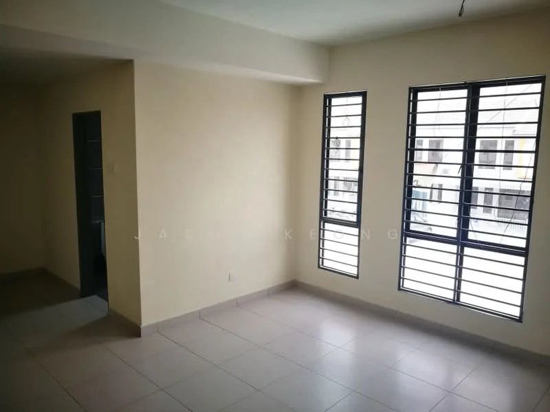 Room features: cream painted walls, floor-to-ceiling windows with black metal grilles, light-colored tiled flooring, no visible furniture, natural light from windows, corner room with two windows, plain ceiling, minimalist design; style: modern.