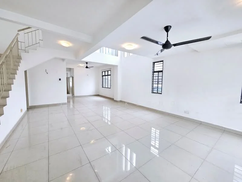 Living features: white painted walls, polished ceramic tile flooring, 5-blade ceiling fan, large windows with black frames, high ceiling, open layout, natural light, staircase leading to upper floor; style: modern.