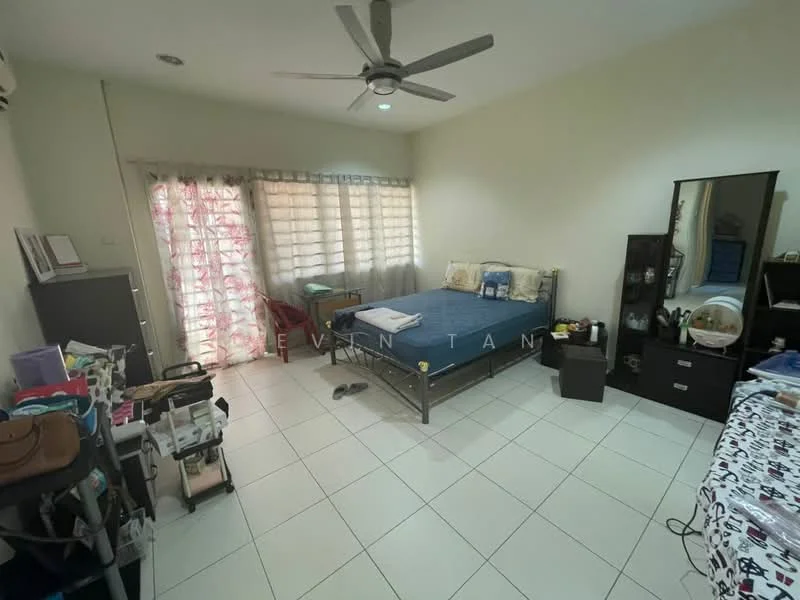 Bedroom features: queen-size bed, upholstered headboard, bedside table, dressing table with mirror, built-in wardrobe, floor-to-ceiling windows, sheer curtains, ceiling fan, tile flooring, decorative wall art, study desk, open shelving; style: modern.