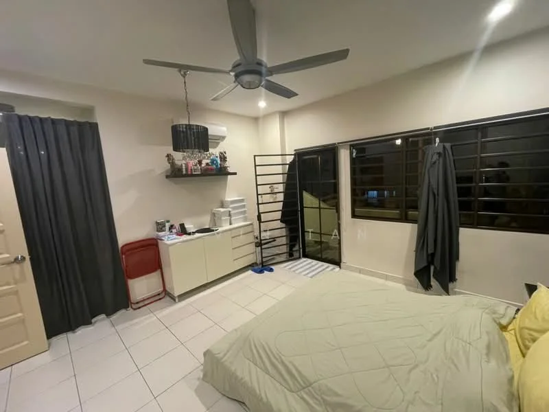 Bedroom features: queen-size bed with yellow bedding, 5-blade ceiling fan, white painted walls, tile flooring, blackout curtains, built-in wardrobe, window with security bars, air conditioning unit, desk with storage, red plastic chair; style: modern.