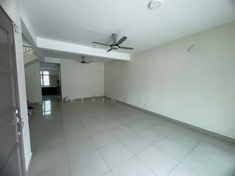 Room features: white painted walls, polished ceramic tile flooring, 2 ceiling fans, recessed downlights, large windows, open layout, neutral color scheme, no visible furniture; style: modern.