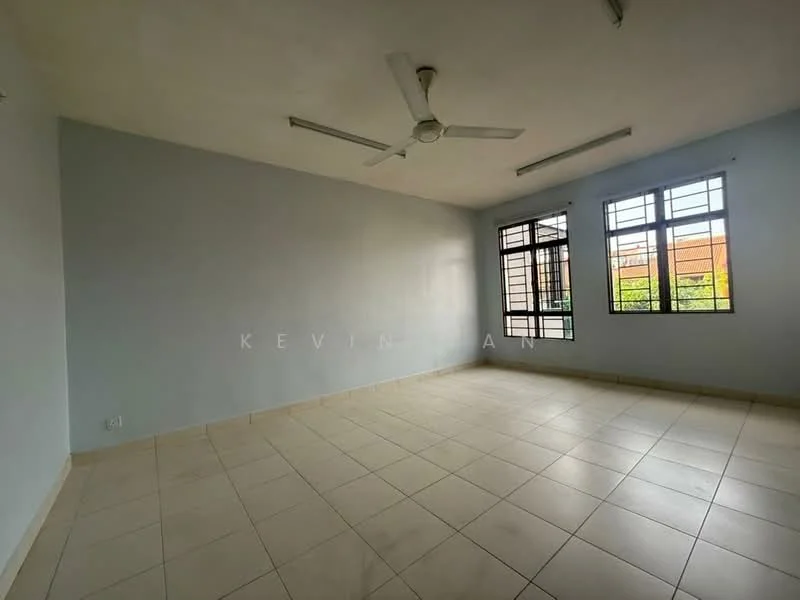 Room features: light blue painted walls, white ceiling, ceiling fan, square ceramic tile flooring, large windows, window treatments, natural light, empty space; style: minimalist; view: garden.