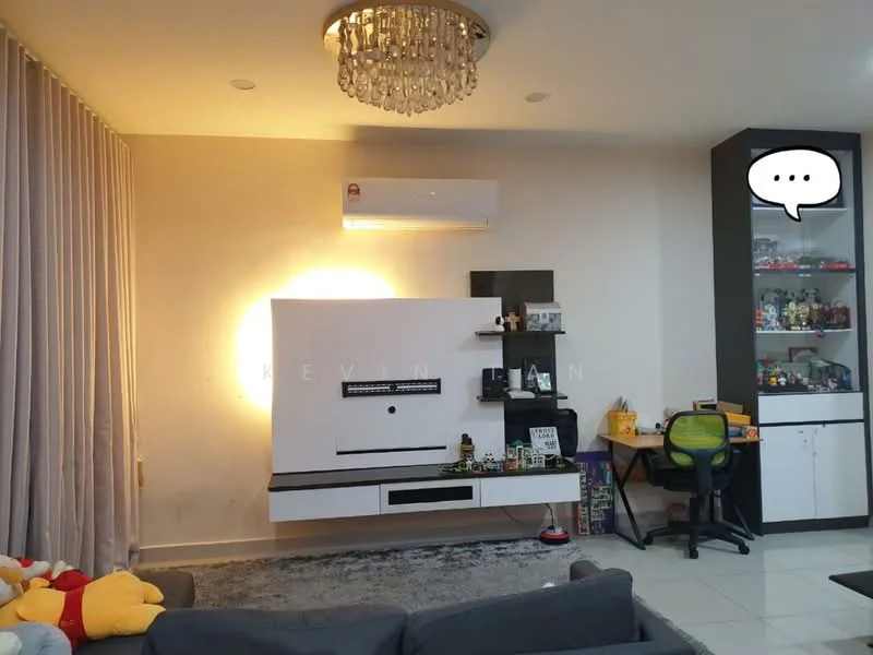 Living features: grey fabric sofa, chandelier with crystals, wall-mounted TV, white entertainment unit, black accent wall, recessed lighting, air conditioning unit, light grey area rug, curtains, display cabinet with glass doors, green office chair, decorative items on shelves; style: modern.